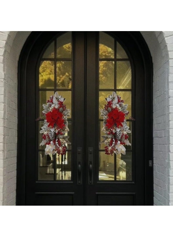 CCOVERY إكليل عيد الميلاد المضيء، 23.6 بوصة زينة عيد الميلاد الاصطناعية بدون سلك مع أضواء خيطية للتعليق على الجدران والأبواب والنوافذ مع زينة على شكل دمعة وزينة قوس حمراء - Image 3