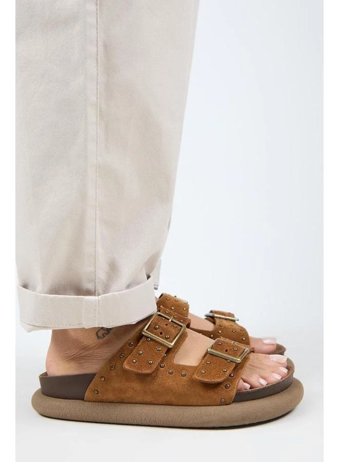Manijero  (Sude) Women's Genuine Leather Double Buckle Trochu Taba Slippers. for Women | Best Price UAE