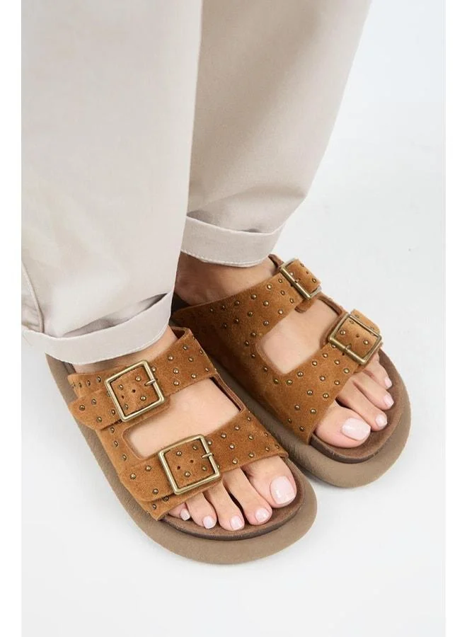Manijero  (Sude) Women's Genuine Leather Double Buckle Trochu Taba Slippers. for Women | Best Price UAE