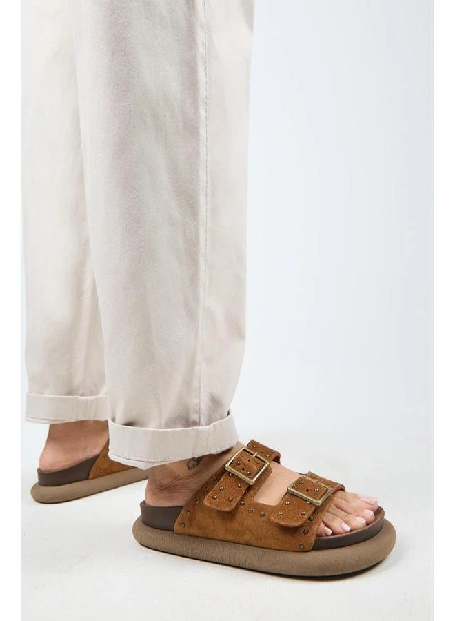 (Sude) Women's Genuine Leather Double Buckle Trochu Taba Slippers.