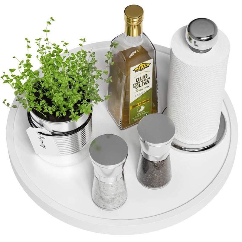 White Lazy Susan for Table 12 Inch NonSkid Bamboo Turntable Organizer for Salt Pepper Spices and Olive Oil Next to Stove Wooden Lazy Susan Organizer for Kitchen Countertop Organizer
