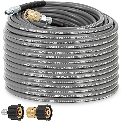 YAMATIC Non Marking 1/4" 4200 PSI Pressure Washer Hose 100 FT for Hot/Cold Water Rubber Wire Braided, Kink Resistant Swivel Quick Connection, Industry Grade for Power Washer, Super Wear Resistant - Image 1