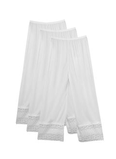 City Rose 3- Pieces Full Length Soft Inner Pants Trousers Big Lace Silk 100% with Elasticised Waistband  Women White  - Image 1