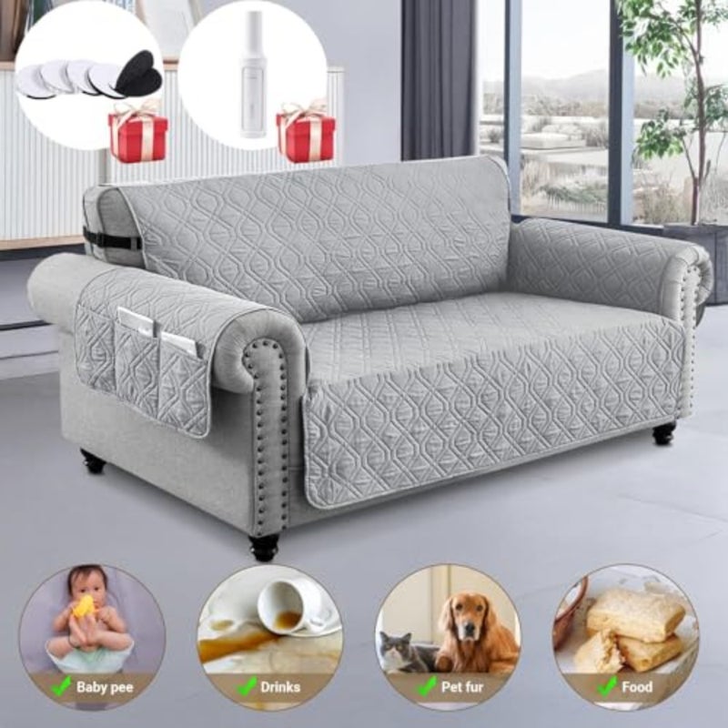 Sofa Covers Waterproof Couch Cover Non-Slip Quilted Sofa Slipcover for Dogs Furniture Protector Cover for Pets with Adjustable Strap Washable 2 Seater, Light Grey - Image 2