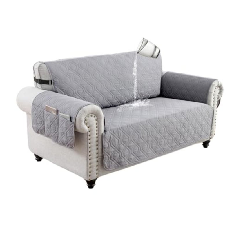 Sofa Covers Waterproof Couch Cover Non-Slip Quilted Sofa Slipcover for Dogs Furniture Protector Cover for Pets with Adjustable Strap Washable 2 Seater, Light Grey - Image 1