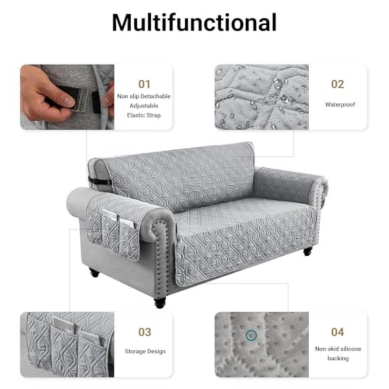 Sofa Covers Waterproof Couch Cover Non-Slip Quilted Sofa Slipcover for Dogs Furniture Protector Cover for Pets with Adjustable Strap Washable 2 Seater, Light Grey - Image 5