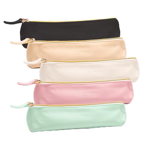 XJMWXHFC 5Pcs Small Pencil Cases, Pencil Pouch with Zipper, Cosmetic Makeup Bag, Multi-function Stationery Organizer for Home, Office, Vacation (Black, Green, White, Pink, Beige) - Image 1