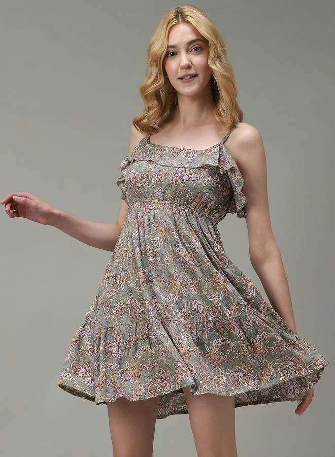 Outzidr  Green Strappy Printed Mini Dress for Women | Best Price UAE