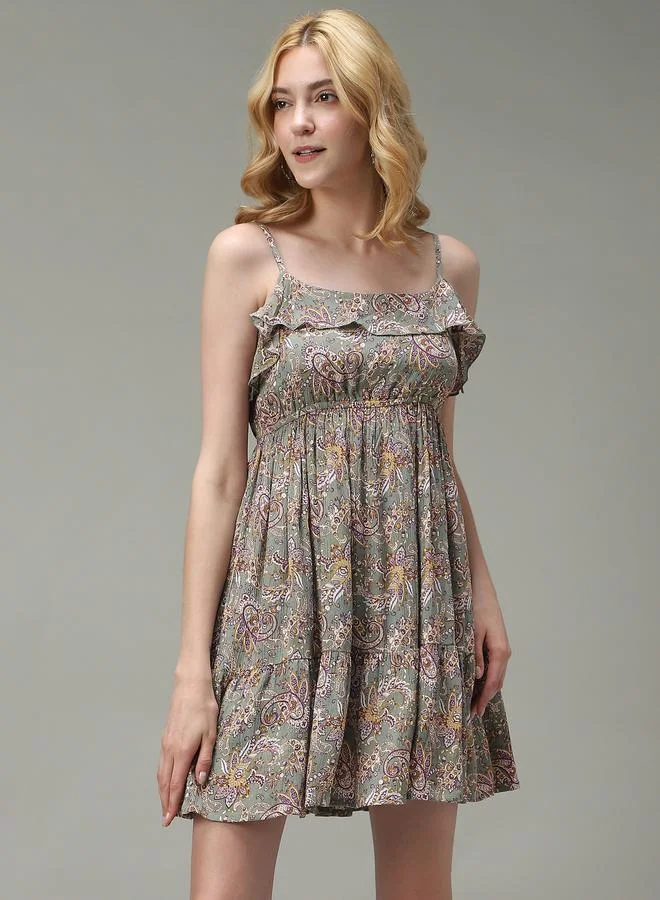 Green Strappy Printed Mini Dress