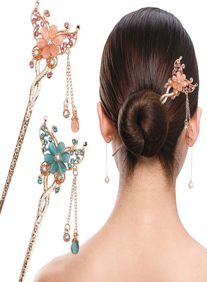 Meisuitd Flowers Hair Chopsticks Butterfly Hair Bun Sticks Hair Pins for Long Thick Hair Chinese HanFu Hair Ornament Decorative Chignon Pin Japanese Geisha Hair Accessories for Women - Image 1