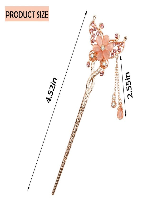 Meisuitd Flowers Hair Chopsticks Butterfly Hair Bun Sticks Hair Pins for Long Thick Hair Chinese HanFu Hair Ornament Decorative Chignon Pin Japanese Geisha Hair Accessories for Women - Image 2
