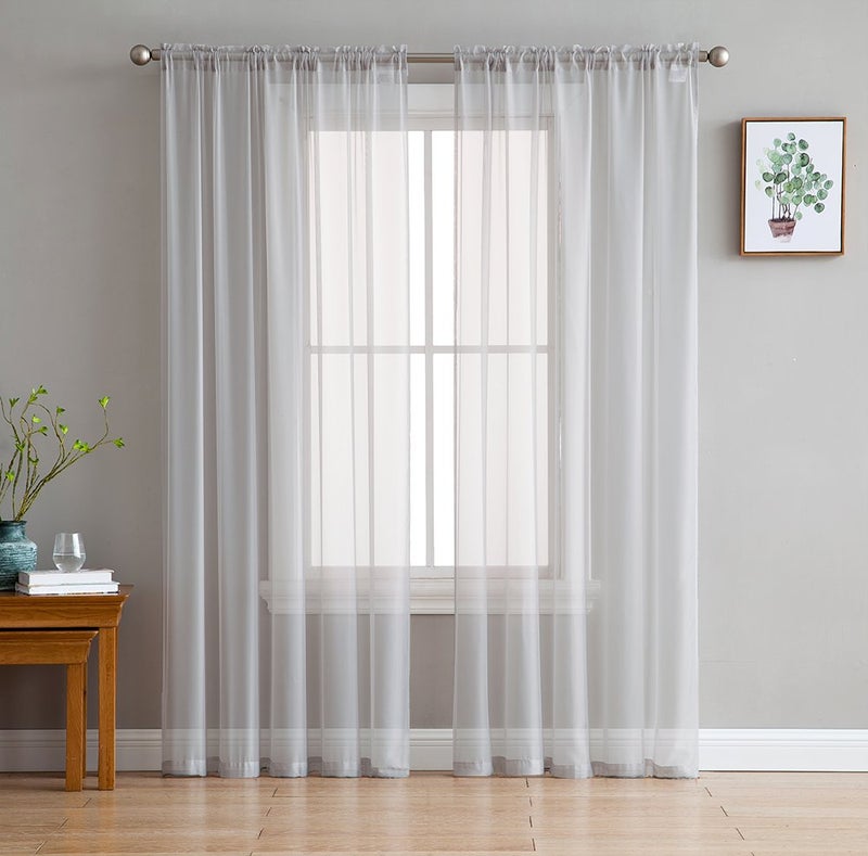 HLCME Silver Grey Sheer Voile Window Treatment Rod Pocket Curtain Panels for Bedroom and Small Windows 54 x 63 inches Long Set of 2