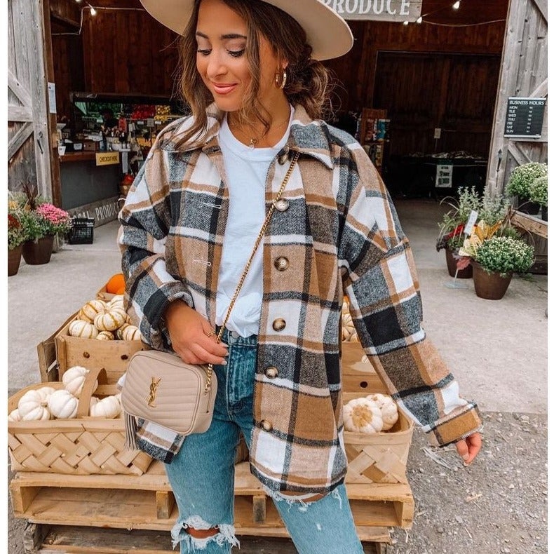 2021 Autumn Womens Plaid Long-Sleeve Shirt Grey  - Image 4