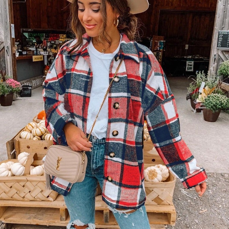 2021 Autumn Womens Plaid Long-Sleeve Shirt Grey  - Image 5