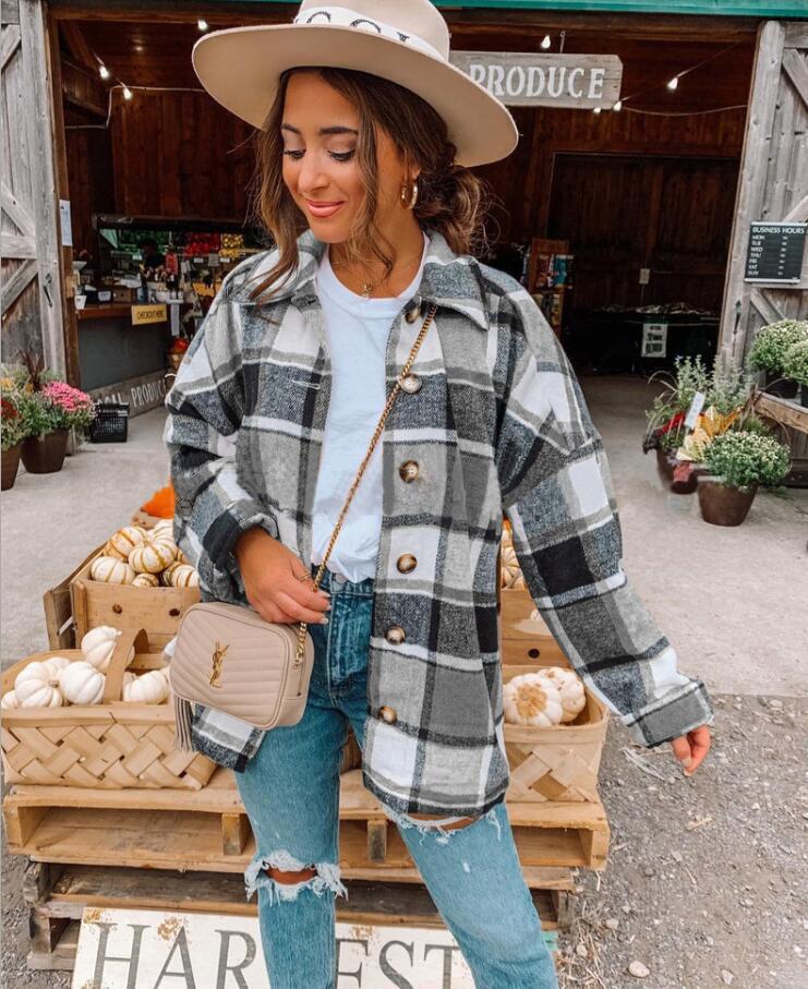 2021 Autumn Womens Plaid Long-Sleeve Shirt Grey  - Image 1