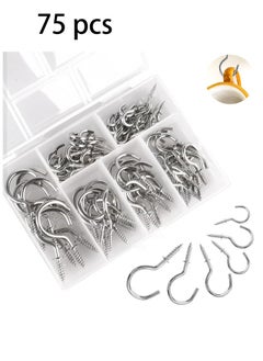 OMEVE 75PCS Small Hooks Screw In, 6 Sizes Metal Screw Hooks for Wood, Cup Hooks Screw In, Sliver Screw in Hooks for Hanging Mug Key and Garden Lights (Silver)  - Image 1