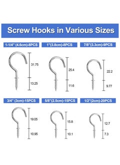OMEVE 75PCS Small Hooks Screw In, 6 Sizes Metal Screw Hooks for Wood, Cup Hooks Screw In, Sliver Screw in Hooks for Hanging Mug Key and Garden Lights (Silver)  - Image 2