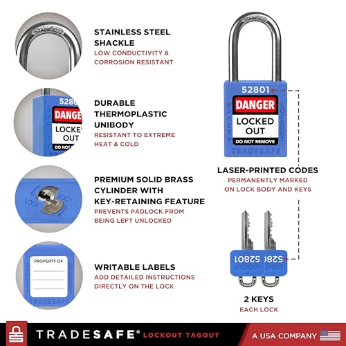 TRADESAFE Lockout Tagout Locks Set - 10 Blue Loto Locks, Lockout Locks Keyed Different, 2 Keys Per Lock, OSHA Compliant Lock Out Tag Out Padlocks, Safety Padlocks for Electrical Lockout Tag Out Kits - Image 4