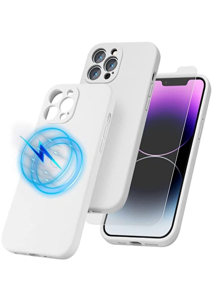 ELTRAZONE - iPhone 14 Pro Max + 2 Pack Tempered Glass Screen Protector Magsafe Case Silicone Phone Case with Microfiber Lining for iPhone 14 Pro Max 6.7 inch 2022,White - Image 1