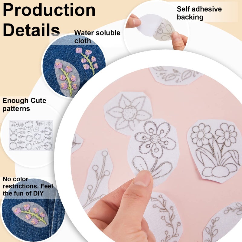 Lewtemi 50 Pcs Water Soluble Wash Away Hand Sewing Stabilizers for Embroidery Fabric Embroidery Stabilizers with Boho Pattern for Hand Sewing Lover (Blossom) - Image 3
