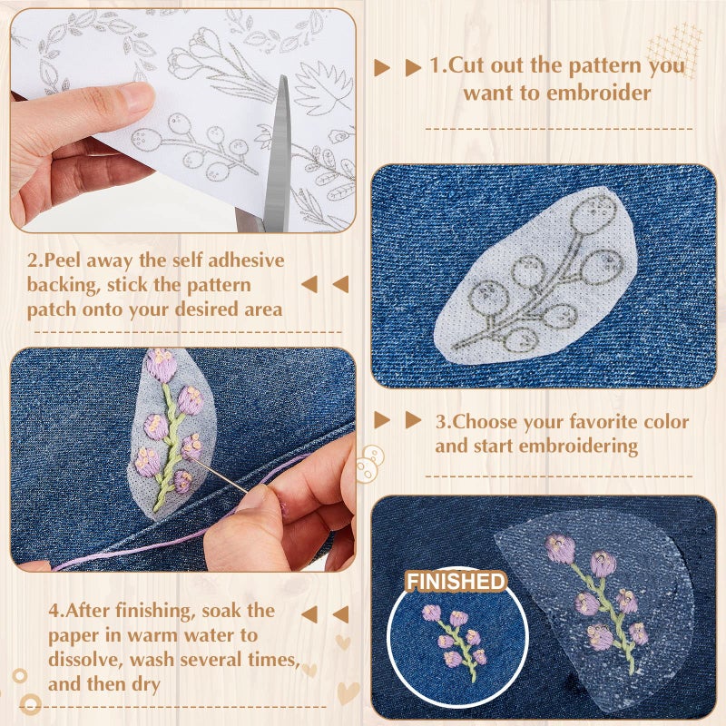 Lewtemi 50 Pcs Water Soluble Wash Away Hand Sewing Stabilizers for Embroidery Fabric Embroidery Stabilizers with Boho Pattern for Hand Sewing Lover (Blossom) - Image 5