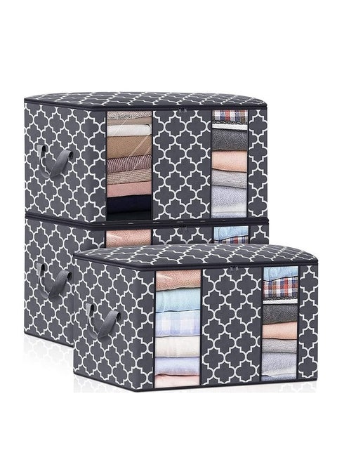 House of Quirk Large Blanket Clothes Organization and Storage Containers for Bedding, Comforters, Foldable Organizer with Reinforced Handle, Clear Window, Sturdy Zippers (Grey Pack of 3)