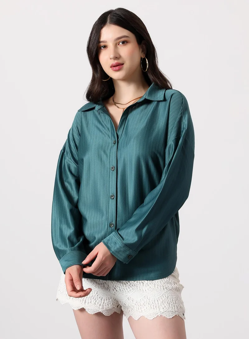 Women's Teal Green Solid Satin Oversized Shirt