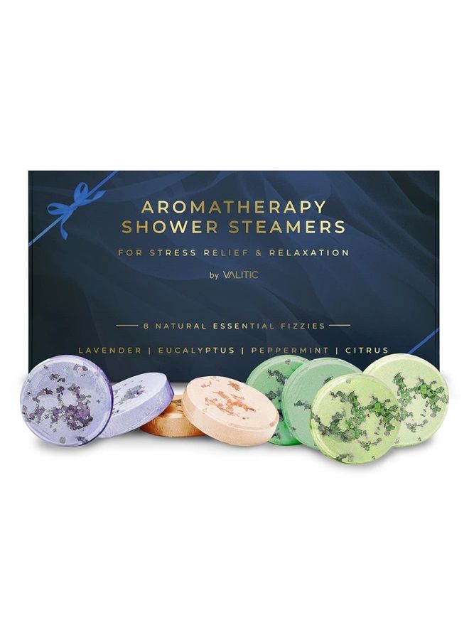 VALITIC أقراص بخار الاستحمام العطرية من فاليتك لتخفيف التوتر والاسترخاء - هدايا للنساء والأمهات في عيد الميلاد - 8 أقراص طبيعية فizzies للاستحمام - 4 روائح - لافندر، يوكاليبتوس، حمضيات، ونعناع - Image 1