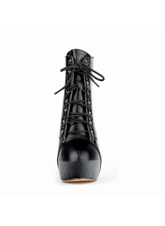 Loquat Short Shaft Ankle Strap Platform Ultra High Heel Martens Boots 14cm Black  - Image 4