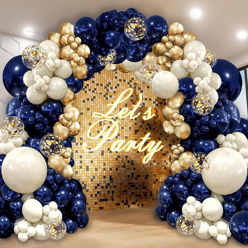 PUFFLD Navy Blue Gold Balloon Graland Arch Kit Double Stuffed Pearl White Royal Blue Chrome Gold with Confetti Balloons for New Year Graduation Birthday Wedding Party Decorations - Image 2