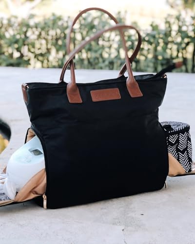 Sarah Wells Abby Breast Pump Tote with Real Leather Straps Stylish Pumping Bag with Insulated Pockets Laptop Storage EasyClean Interior Professional Breast Pump Bag for Work Travel Black - Image 3