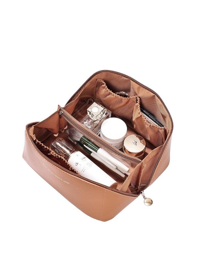 SHRBI Portable PU Leather Travel Cosmetic Bag for Woman with Large Open Flat Toiletry Bag Make up Organizer with Divider and Handle for Women - Image 3