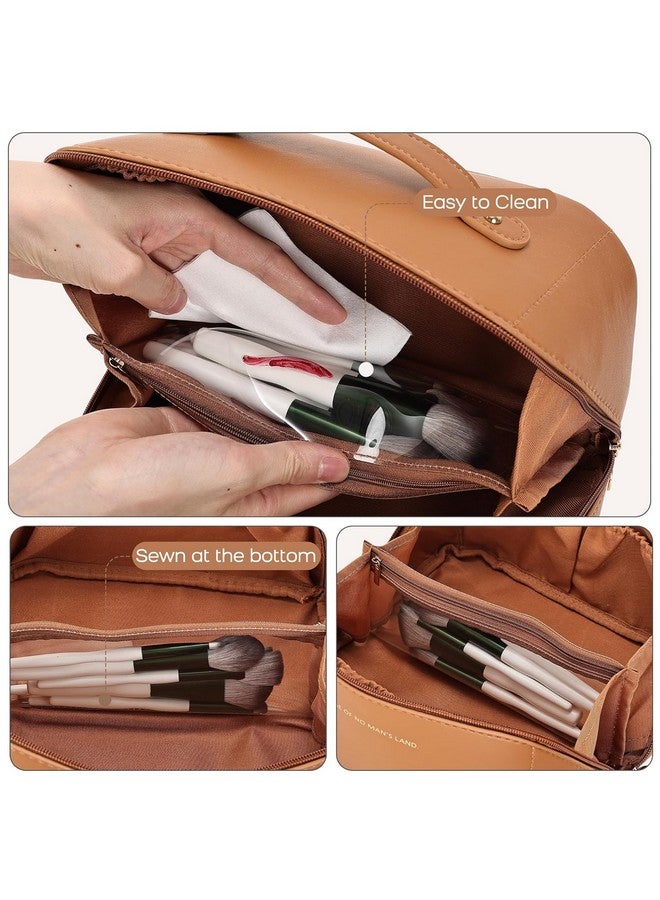SHRBI Portable PU Leather Travel Cosmetic Bag for Woman with Large Open Flat Toiletry Bag Make up Organizer with Divider and Handle for Women - Image 5