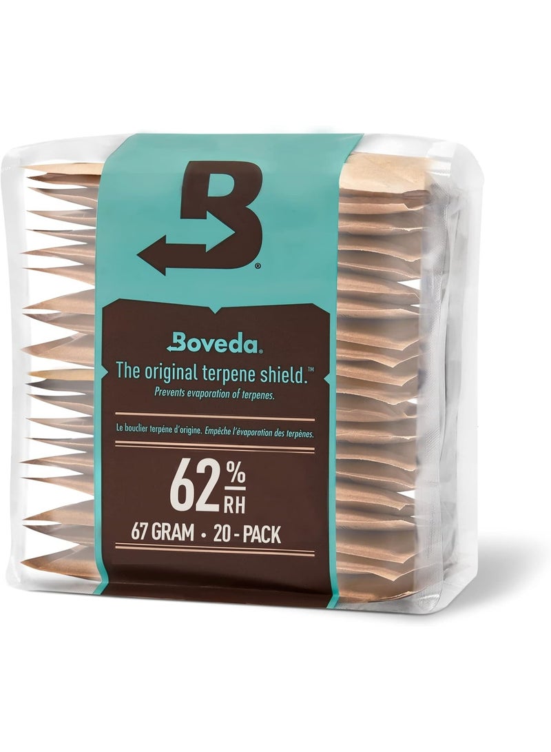 بوفيدا عبوات التحكم في الرطوبة ثنائية الاتجاه من بوفيدا 62% رطوبة نسبية (عبوة من 20 عبوة) - مقاس 67 لتخزين الأعشاب بكميات كبيرة - تمنع فقدان التربين والجفاف الزائد في الحاويات (تحمي ما يصل إلى رطل واحد لكل عبوة) - Image 1