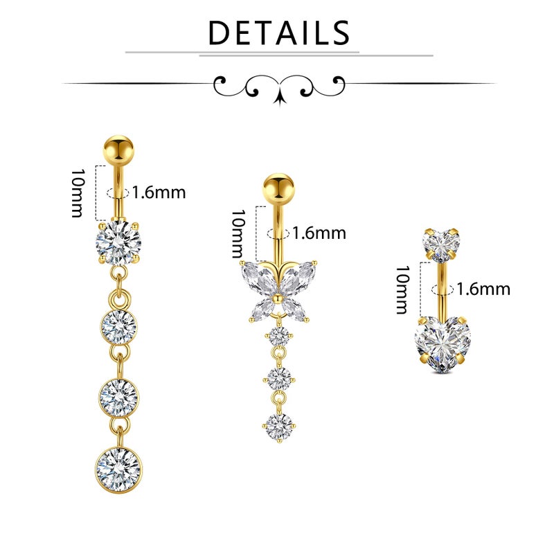 D.Bella Belly Rings for Women Piercing Heart Diamond Dangling 14G Surgical Steel CZ Butterfly Dangle Navel Jewelry Gold - Image 3