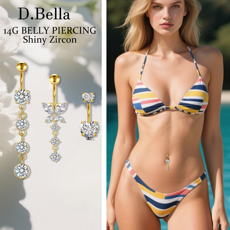 D.Bella Belly Rings for Women Piercing Heart Diamond Dangling 14G Surgical Steel CZ Butterfly Dangle Navel Jewelry Gold - Image 4