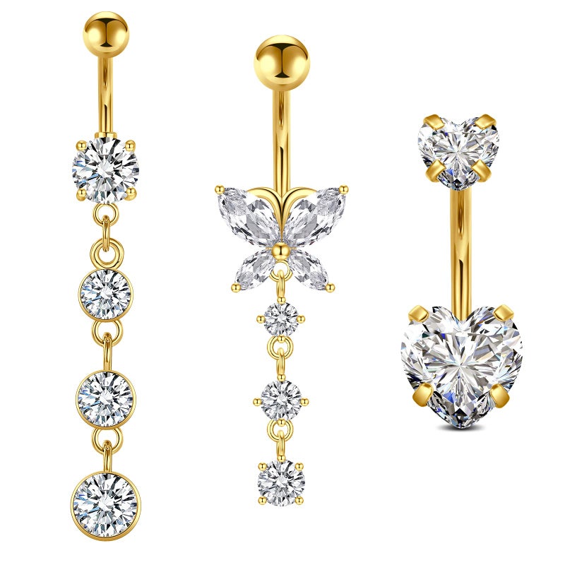 D.Bella Belly Rings for Women Piercing Heart Diamond Dangling 14G Surgical Steel CZ Butterfly Dangle Navel Jewelry Gold - Image 1