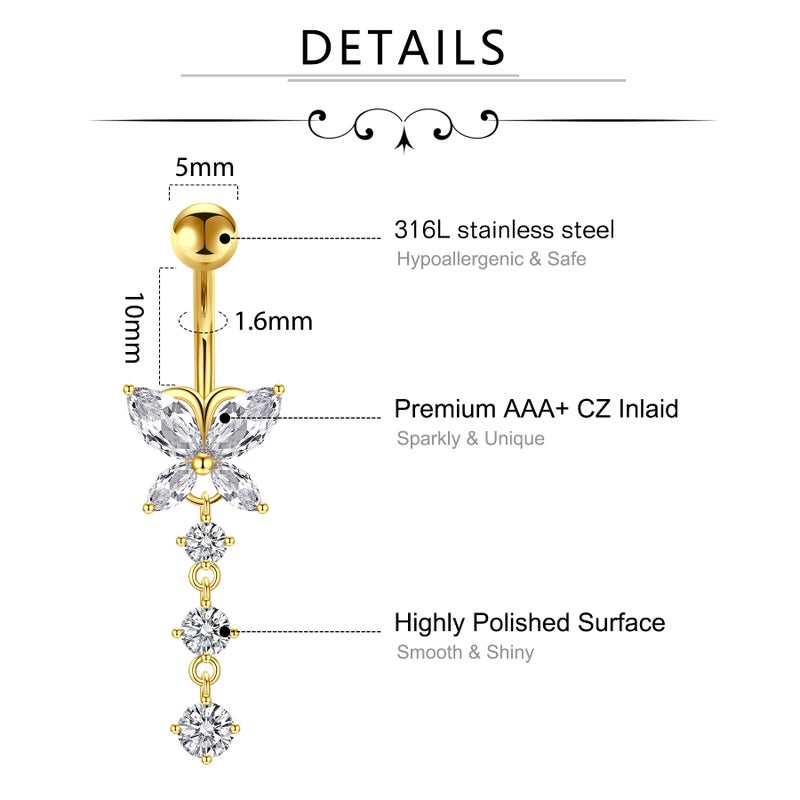 D.Bella Belly Rings for Women Piercing Heart Diamond Dangling 14G Surgical Steel CZ Butterfly Dangle Navel Jewelry Gold - Image 2