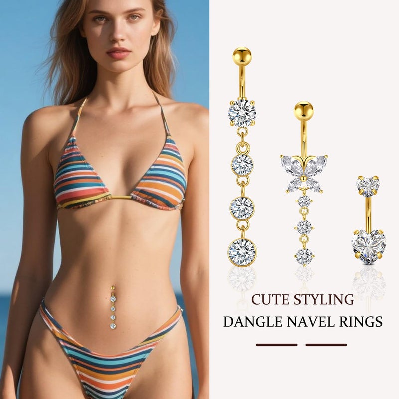 D.Bella Belly Rings for Women Piercing Heart Diamond Dangling 14G Surgical Steel CZ Butterfly Dangle Navel Jewelry Gold - Image 5