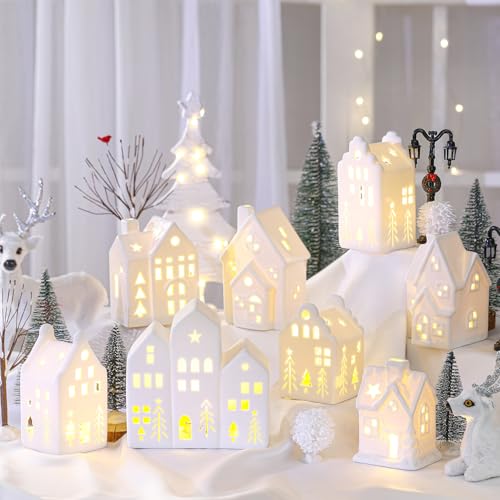 Cindeer 26 Pcs Ceramic Christmas Village Set 8 LED Christmas Village Houses 16 Xmas Trees Farmhouse 2 Lamp Post Scenes Decor White Tabletop DecorationElegant - Image 1