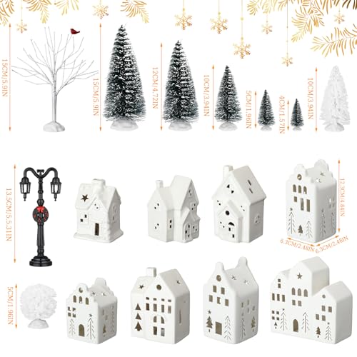 Cindeer 26 Pcs Ceramic Christmas Village Set 8 LED Christmas Village Houses 16 Xmas Trees Farmhouse 2 Lamp Post Scenes Decor White Tabletop DecorationElegant - Image 3