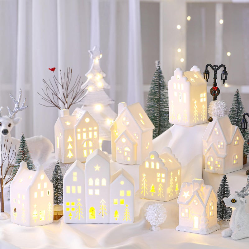 Cindeer 26 Pcs Ceramic Christmas Village Set 8 LED Christmas Village Houses 16 Xmas Trees Farmhouse 2 Lamp Post Scenes Decor White Tabletop DecorationElegant - Image 2