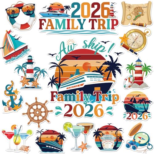 Dazoratix Retro Cruise Door Decorations - 20 Pcs Family Trip 2026 Ship Magnetic Stickers Funny Cabin Anchor Stateroom Magnets Decals for Carnival Party Holiday Decor Refrigerator Garage Cars Supplies - Image 1