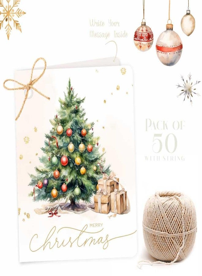 Chic a Choc Merry Christmas Greeting Card Tags in Vintage Watercolor Xmas Tree Design. Pack of 50. with Jute String for attaching to Gift Box, Cake Box. - Image 1