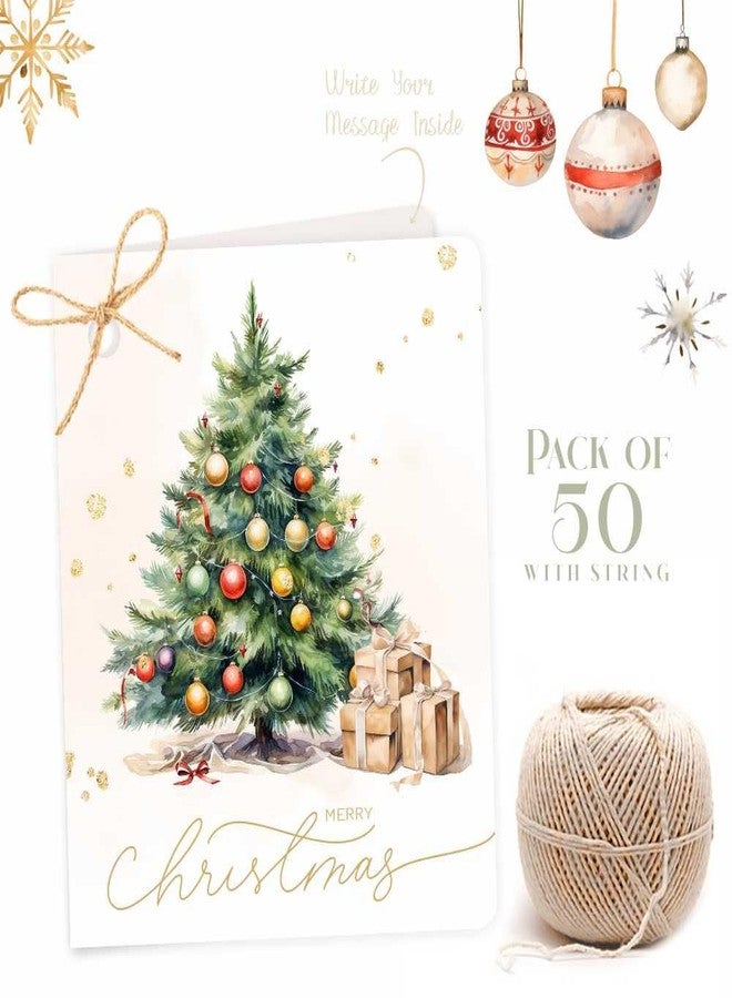Chic a Choc Merry Christmas Greeting Card Tags in Vintage Watercolor Xmas Tree Design. Pack of 50. with Jute String for attaching to Gift Box, Cake Box. - Image 4