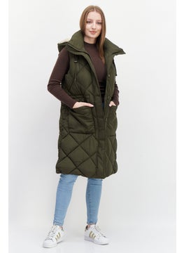Women Hooded Sleeveless Quilted Long Vest, Dark Olive