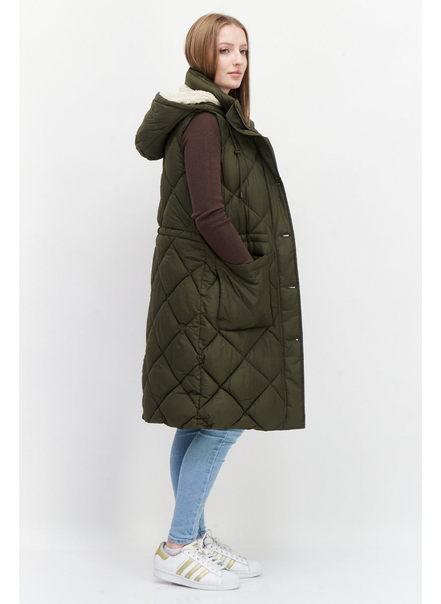 Bcbg - Women Hooded Sleeveless Quilted Long Vest, Dark Olive - Image 1