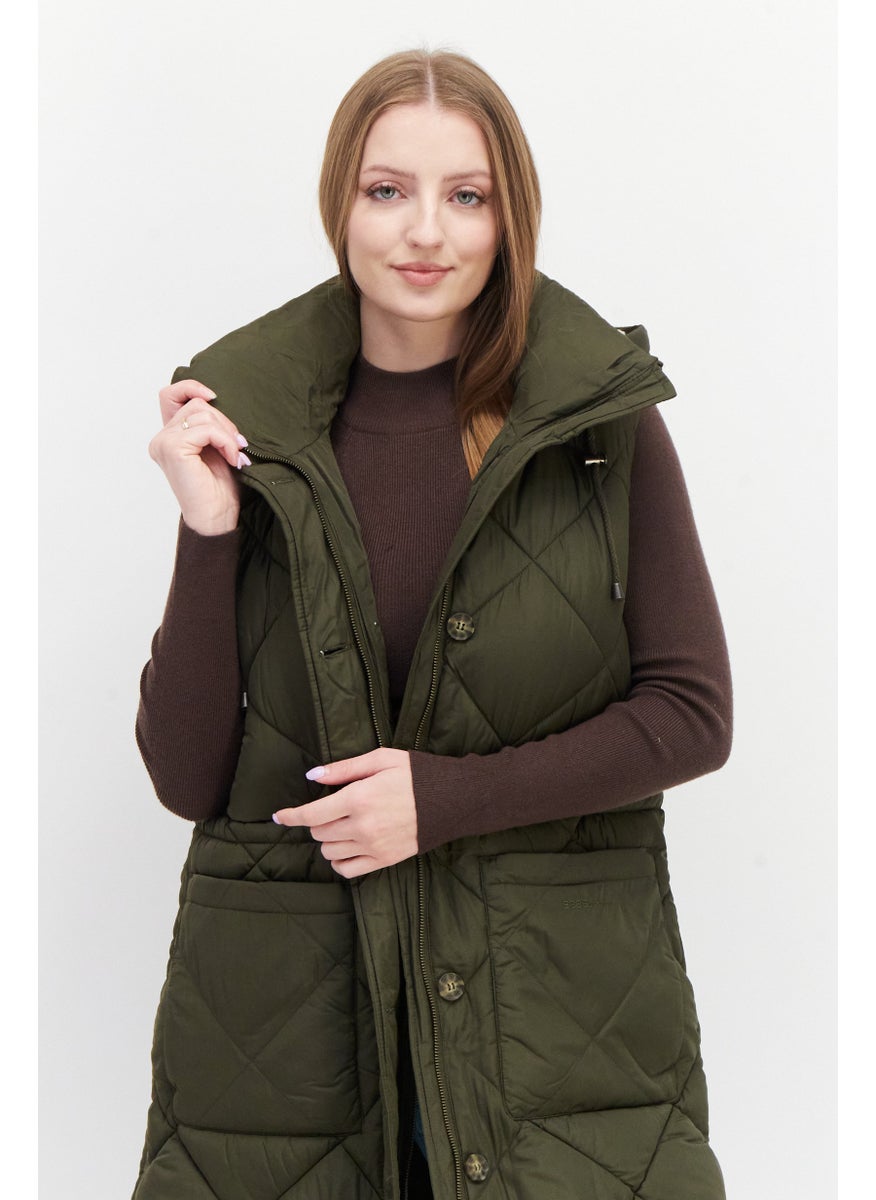 Bcbg - Women Hooded Sleeveless Quilted Long Vest, Dark Olive - Image 1