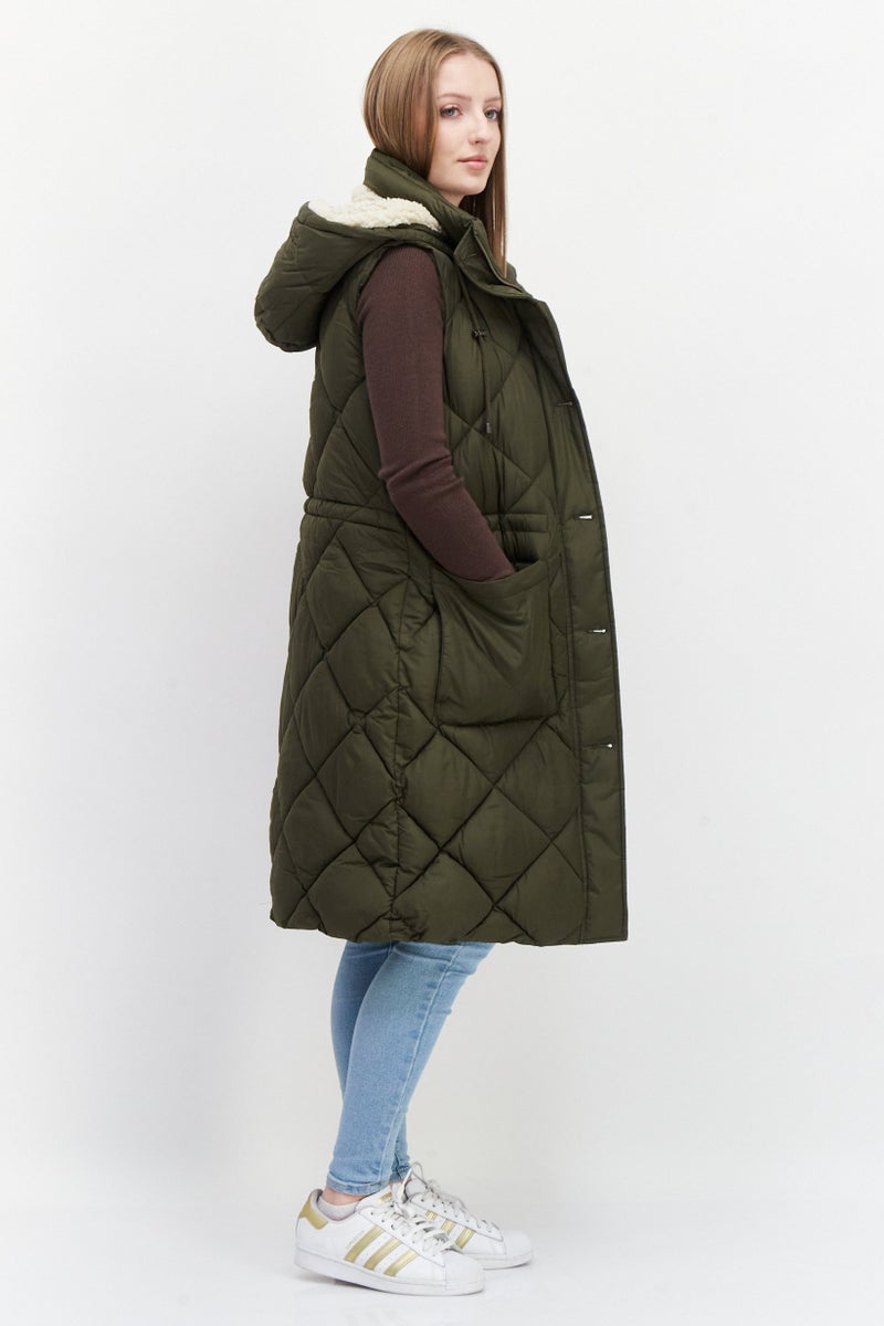 BCBG Women Hooded Sleeveless Quilted Long Vest, Dark Olive - Image 2