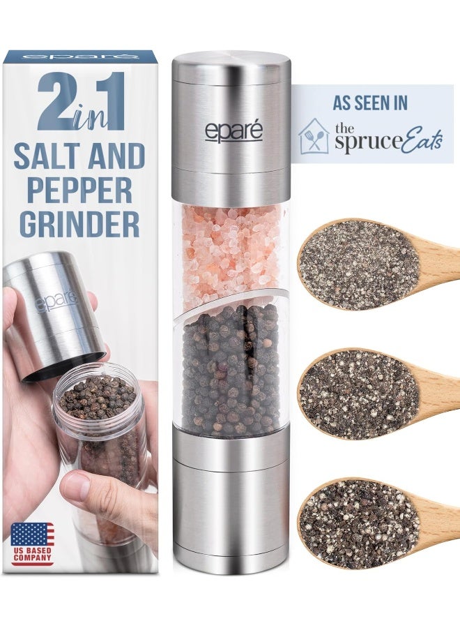 Eparé 2 in 1 Salt & Pepper Grinder - Dual Mill Grinders - Space Saver Combo Mills Set - Stainless Steel & Acrylic Case  - Image 1